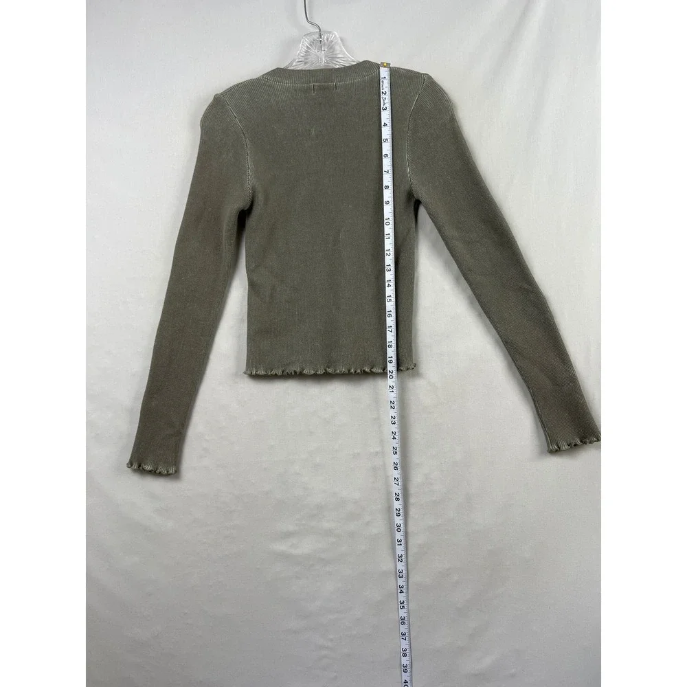 Debut Ribbed V-Neck Top Women S/M Light Moss Lettuce Edge Long Sleeve Minimalist